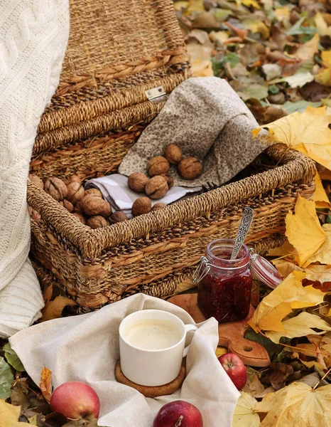 Autumn Picnic Wicker Basket Nuts Jam Apples Cup Coffee — Stock Photo, Image