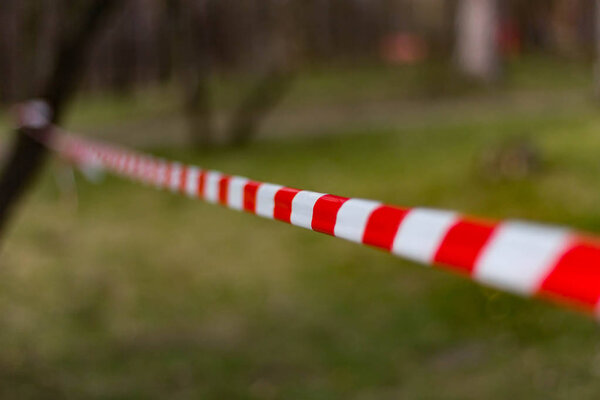 Сигнал красной и белой ленты, протянутой между деревьями в лесу. Инцидент
.