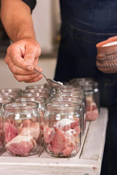 Man Hand Pours Salt Jar Meat Food Canning Food Preservation — Stock Photo, Image