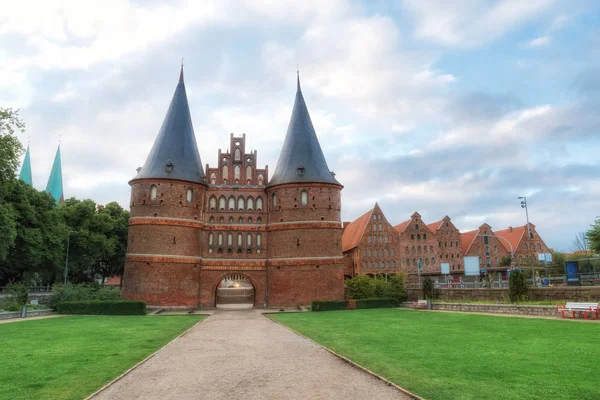 Historical Holstentor City Gate. View at cloudy day — Stock Photo, Image