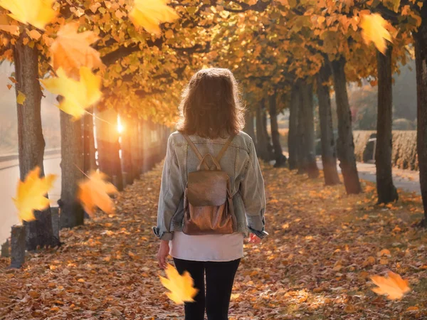Spacerująca kobieta w parku, jesienny upadek liścia — Zdjęcie stockowe