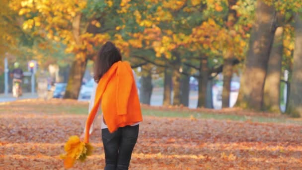 Mujer feliz con hojas de otoño caminando al aire libre — Vídeo de stock
