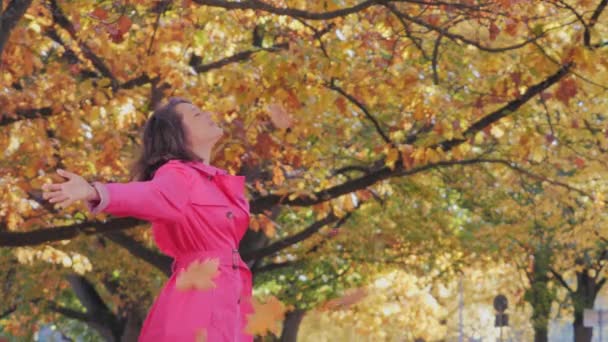 Šťastná žena v podzimním parku se zdviženýma rukama — Stock video