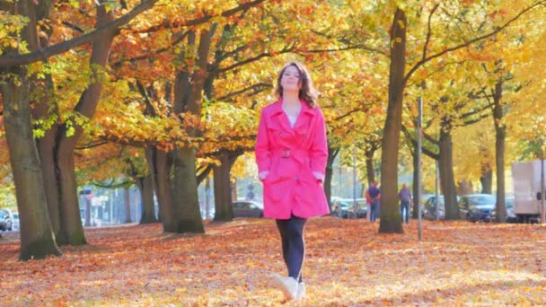 Boldog gyönyörű fehér nő sétál őszi parkban, fák őszi levelekkel — Stock videók