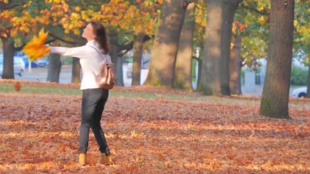 Feliz atractiva mujer caucásica con hojas de otoño caminando en el parque — Vídeo de stock