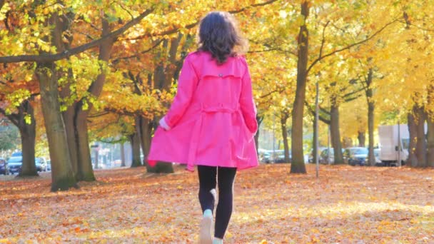 Femme heureuse avec des feuilles d'automne marchant dans le parc — Video