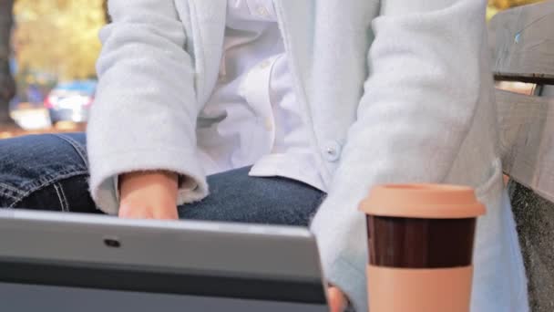 Mujer trabajando con la tableta sentada en el banco — Vídeos de Stock