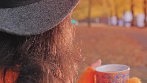 秋天公园里穿着保暖毛衣喝咖啡的女人 — 图库视频影像