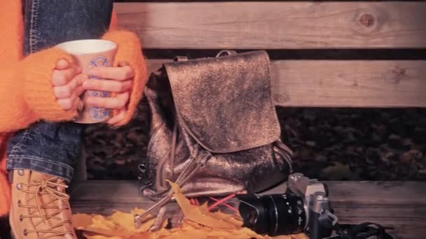 Mujer fotógrafa bebiendo café en el banco, caminando en otoño — Vídeo de stock