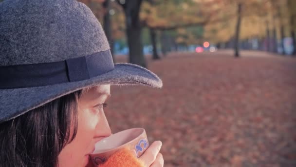 Žena pije kávu v podzimním parku — Stock video
