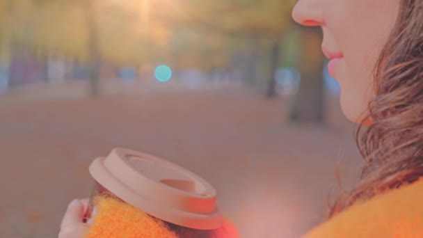 Женщина пьет кофе в осеннем парке — стоковое видео