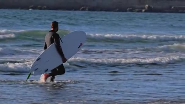 Σέρφερ με την σανίδα του σερφ περπατώντας στα κύματα του ωκεανού κατά μήκος — Αρχείο Βίντεο