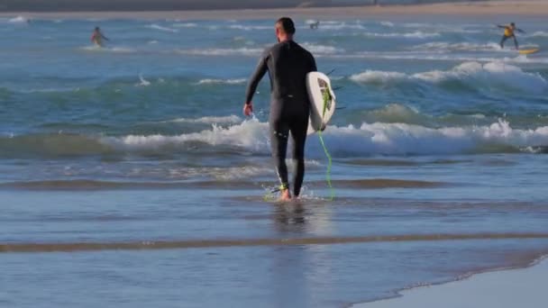 Surfer z deską surfingową na plaży, krajobraz oceanu — Wideo stockowe