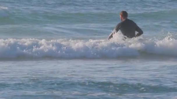 Surfista com sua prancha caminhando em direção ao oceano, indo para montar a onda — Vídeo de Stock
