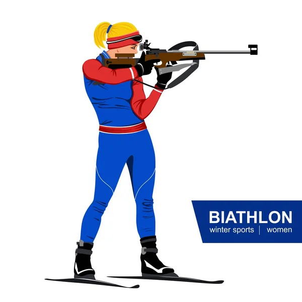 Biathlon Wanita Menembak Berdiri Vektor Ilustrasi Olahraga Musim Dingin Latar - Stok Vektor