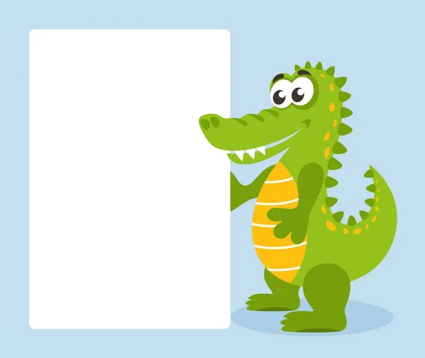 Desenhos Animados Crocodilo Engraçado Fundo Azul Com Placa Branca Jacaré — Vetor de Stock