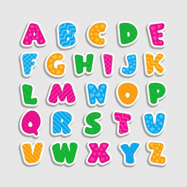 Alphabet for kids with a pattern in the form of strips, hearts, waves, stars and circles. Cartoon style. Children's font with pink, blue, yellow and green letters. Vector illustration.