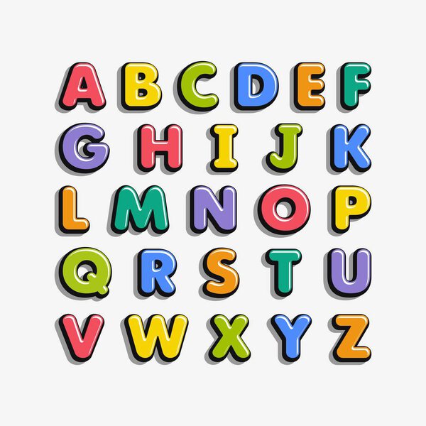 Alphabet for kids in the cartoon style. Children's font with colorful letters. Vector illustration.