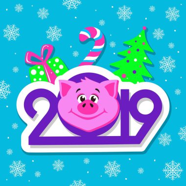 Mutlu yeni yıl tebrik kartı tasarım karikatür domuz yüzü mavi arka plan ile. Menekşe metin 2019, yılbaşı ağacı, hediye kutusu, lolipop ve çevresinde kar taneleri. Düz stil. Vektör çizim.