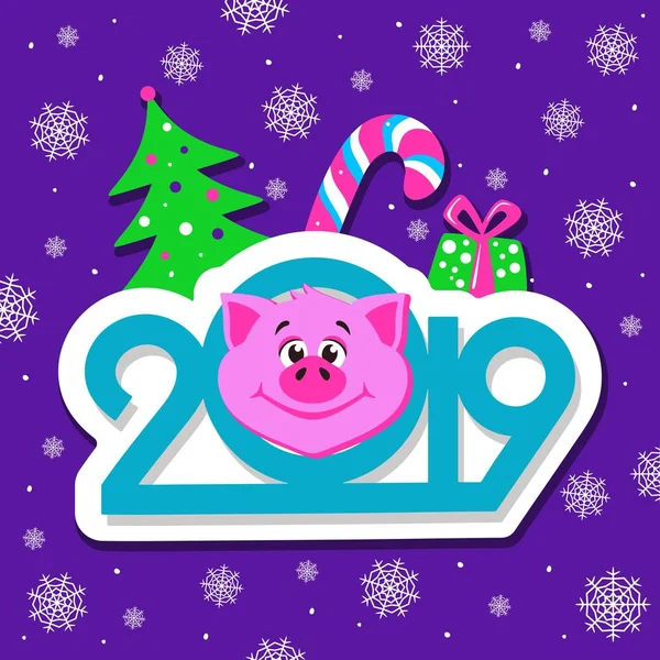 Šťastný Nový Rok Blahopřání Design Karikatu Prasata Fialové Pozadí Modrý — Stockový vektor