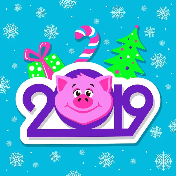 Happy New Year Greeting Card Design Cartoon Pigs Face Blue — Stock Vector