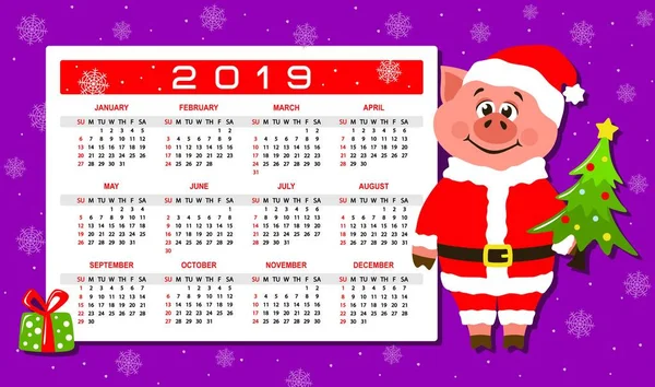 Barevný Kalendář 2019 Prasetem Kostýmu Santa Clause Kreslená Postavička Vánoční — Stockový vektor