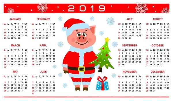 Calendário Colorido 2019 Com Porco Traje Papai Noel Personagem Desenhos —  Vetores de Stock