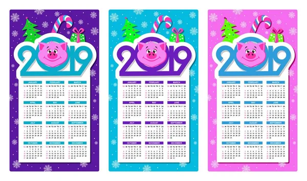 Set Three Colorful Calendars 2019 Cartoon Pigs Face Text 2019 — Stock Vector