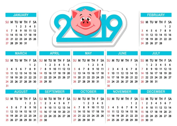 Calendário 2019 Com Cabeça Porco Desenho Animado Fundo Branco Texto — Vetor de Stock