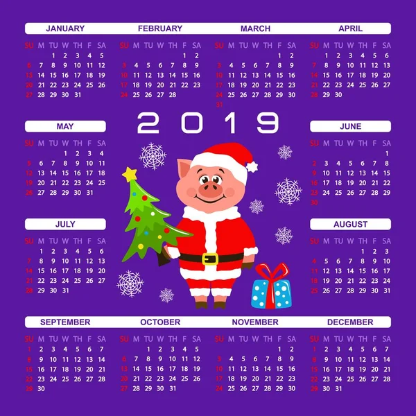 Calendário Quadrado Colorido 2019 Com Porco Traje Papai Noel Personagem — Vetor de Stock