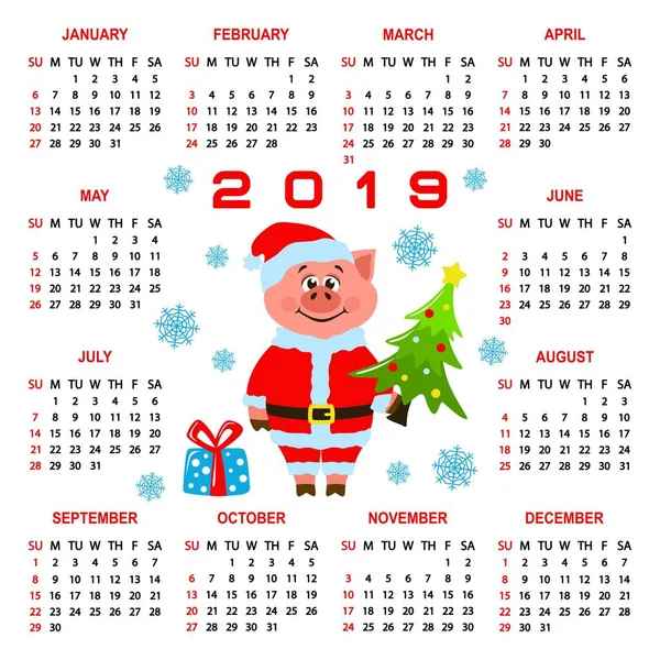 Barevný Čtvereček Kalendář 2019 Prasetem Kostýmu Santa Clause Kreslená Postavička — Stockový vektor