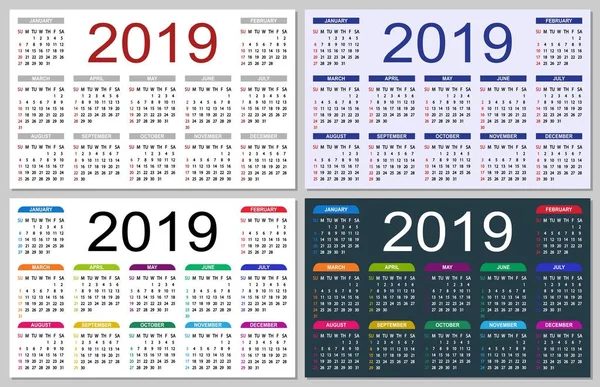 Conjunto Calendários Coloridos 2019 Semana Começa Domingo Rede Básica Estilo — Vetor de Stock