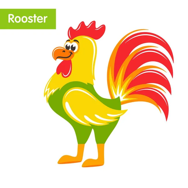 Cute Rooster Yellow Wings Red Tail Funny Cartoon Character White — Stock Vector