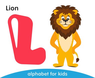 L harfi pembe ve kahverengi bir yele ile sarı bir aslan. İngilizce alfabe hayvanlar ile. Çizgi film karakterleri beyaz arka plan üzerinde izole. Düz tasarım. Hayvanat Bahçesi tema. Renkli vektör çizim çocuklar için.