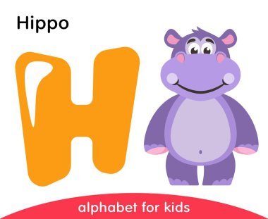 Sarı harfi H ve menekşe Hippo. İngilizce alfabe hayvanlar ile. Çizgi film karakterleri beyaz arka plan üzerinde izole. Düz tasarım. Hayvanat Bahçesi tema. Renkli vektör çizim çocuklar için.