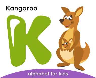 Yeşil harf K ve kahverengi şirin Kanguru. İngilizce alfabe hayvanlar ile. Çizgi film karakterleri beyaz arka plan üzerinde izole. Düz tasarım. Hayvanat Bahçesi tema. Renkli vektör çizim çocuklar için.