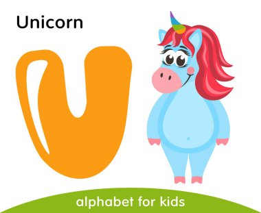 Sarı mektup ve tek boynuzlu at mavi. İngilizce alfabe hayvanlar ile. Çizgi film karakterleri beyaz arka plan üzerinde izole. Düz tasarım. Hayvanat Bahçesi tema. Renkli vektör çizim çocuklar için.