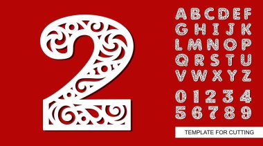 Sayı 2-2. Tam İngiliz alfabesi ve rakam 0, 1, 2, 3, 4, 5, 6, 7, 8, 9. Dantel harfler ve sayılar. Lazer kesim, ahşap oyma, kesmek ve yazdırma kağıt şablonu. Vektör çizim.