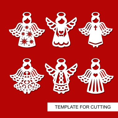 Set of christmas Decoration - silhouettes of Angels . Template for laser cutting, wood carving, paper cut and printing. Decoration for xmas tree. Vector illustration. clipart