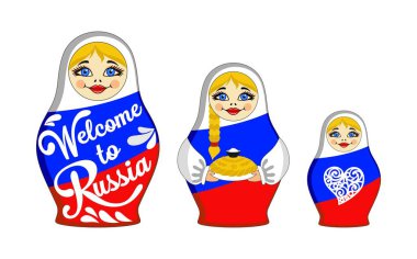 Bebek iç içe geçme kümesi. Yazıt Hoşgeldiniz Rusya, ekmek ve tuz, kalp. Rus geleneksel oyuncak. Eşarp veya matryoshka. Kartı ve davetiye simgesi. Rus bayrağının renkleri. Vektör.