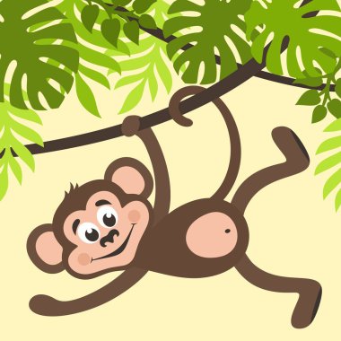 Monkey is hanging on a creeper. Green palm leaves on a yellow background. Cartoon character for kids. Vector illustration. clipart