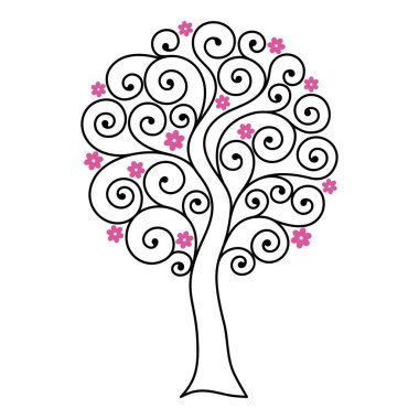 Çiçek açan ağaç ile bukleler. Sakura pembe çiçekli grafik silüeti. İnce siyah çizgiler. Düz stil. Vektör çizim.
