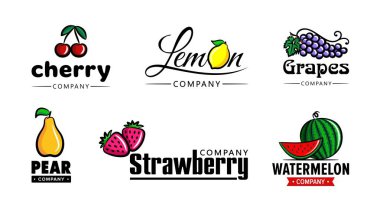 Meyve logo kümesi: kiraz, limon, üzüm, armut, çilek, karpuz. Parlak amblemi mağazalar, marketler, mağazalar ve şirket için. İş ve web için simge. Vektör çizim.