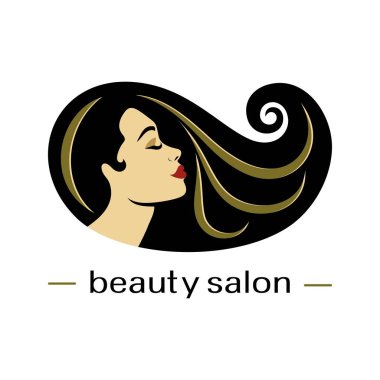 Saç salonu logo. Kadın silueti. Güzellik stüdyosu, Kuaför Salonu, spa, kozmetik tasarım, moda, makyaj için izole simgesi. Vektör şablonu.