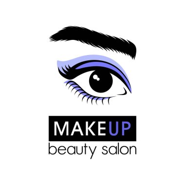 Güzellik studio veya göz hastalıkları kliniği için logo. Menekşe gölgeler, uzun kirpik ve güzel kaşları bir kadınla gözü. Vektör logo.