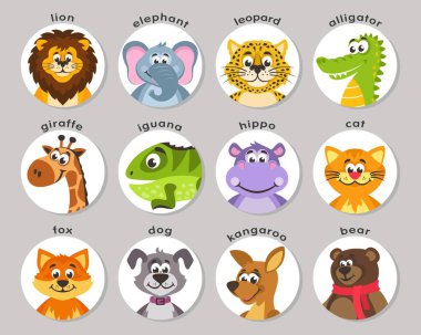 Yuvarlak bir çerçeve içinde hayvan portreler bir dizi. Aslan, fil, leopar, timsah, zürafa, iguana, su aygırı, kedi, tilki, köpek, kanguru, ayı. Düz stil simgeler. Çizgi film karakterleri. Vektör.