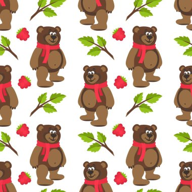 Kırmızı fularlı, ahududu, oyuncak ayı ile Seamless modeli dalları ve yaprakları. Beyaz bir arka plan üzerinde vektör çizim.