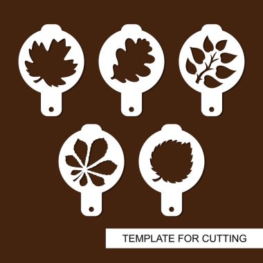 Set of coffee stencils. For drawing picture on cappuccino, macchiato and latte. Floral theme. Silhouettes of leaves maple, oak, chestnut, aspen. Template for laser cutting and wood carving. Vector. clipart