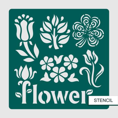 Şablonu. Tulpins, chamomiles, yonca ve yaprakları çiçek motifleriyle. Lazer kesim, ahşap oyma, kesmek ve yazdırma kağıt şablonu. Floral tema. Vektör çizim.