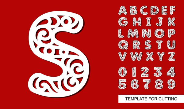 Letter S. Full English alphabet and digits 0, 1, 2, 3, 4, 5, 6, 7, 8, 9. Lace letters and numbers. Template for laser cutting, wood carving, paper cut and printing. Vector illustration.